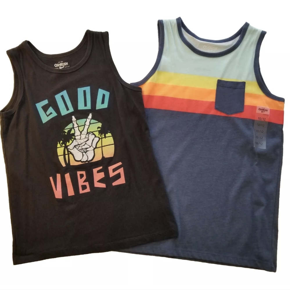 2-PC LOT OshKosh B'gosh Boys Size 10 12 Multi-Color Sleeveless Summer Tank Tops